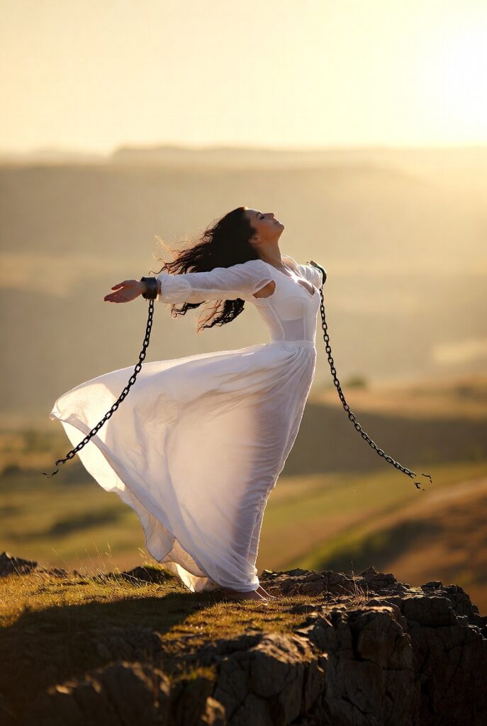 Woman breaking free from chains, representing letting go of the fear of being a medium